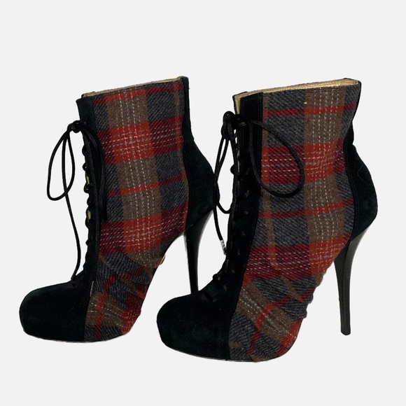 L.A.M.B. By Gwen Stefani No Doubt Wool Plaid Suede Lace Up Booties Size 7 - Picture 5 of 14
